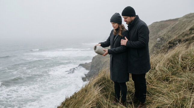 Couple scattering pet cremation ashes at edge of ocean cliff in foggy coastal desolation, urn being gently tilted by woman while partner hol