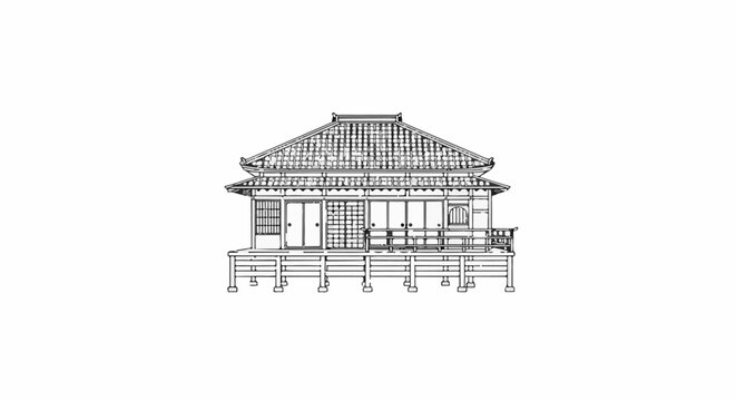 A stylized drawing of a traditional Japanese house with a tiled roof