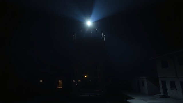 Empty prison watchtower at night with searchlight on courtyard.