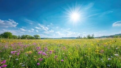 Fototapeta premium Bright sunny day over a colorful meadow blooming with wildflowers under a vast blue sky