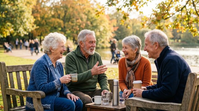 Senior group sitting on wooden bench in park during autumn. Happy elderly man and woman friends talking and drinking coffee. Leisure time activity for active pensioner in nature.