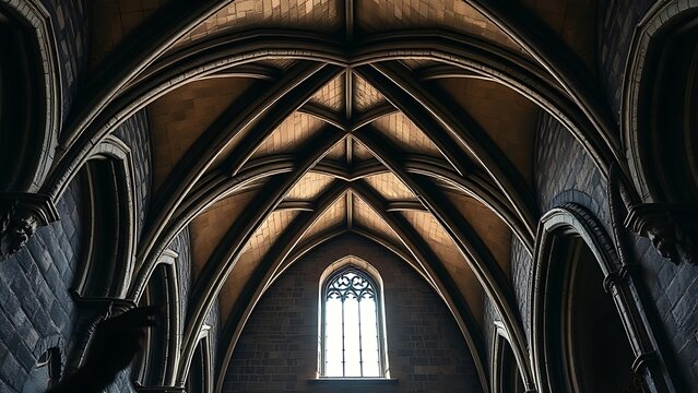 Intersecting stone arches of a Gothic cathedral ceiling meeting at a precise groin vault.