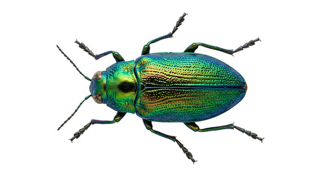 Vibrant green beetle on white background, insect macro photography