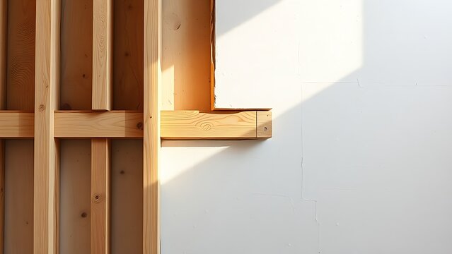 Architectural detail of exposed wooden joists against a plasterboard wall.