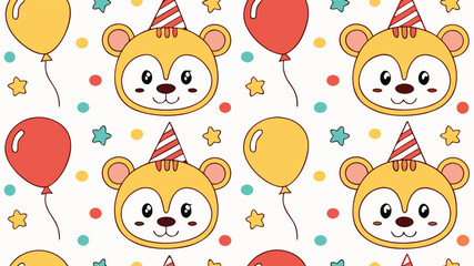 Seamless pattern with cute cartoon monkey faces, balloons, and stars on white background © SnappyDesigns