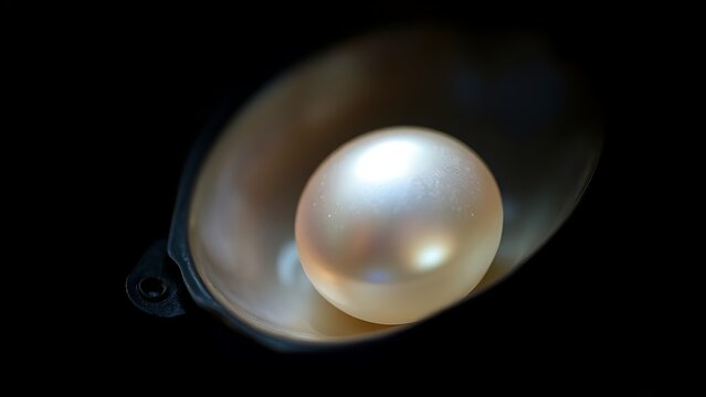 A luminous pearl nestled inside a dark oyster shell, soft iridescent glow.