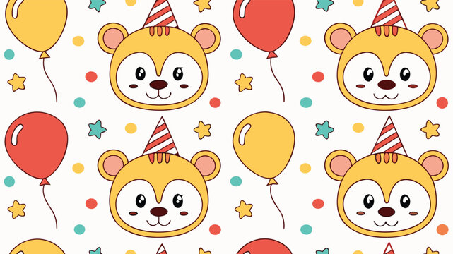 Seamless pattern with cute cartoon monkey faces, balloons, and stars on white background