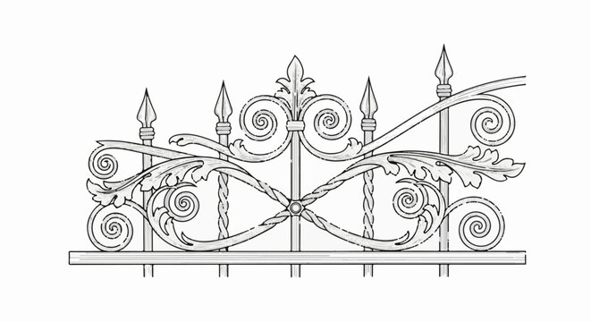 Ornate wrought iron fence segment with decorative scrolls, leaves, and finials