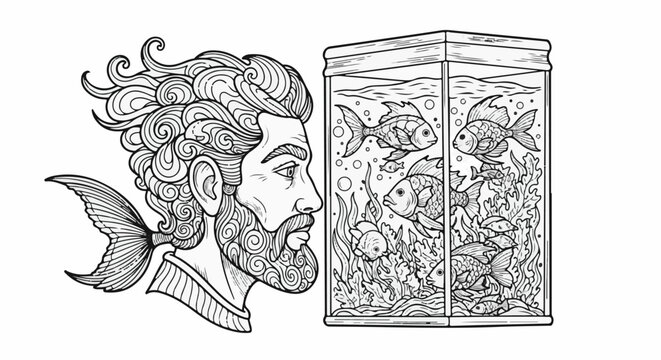 Ornate portrait profile of a merman face beside a vibrant, detailed aquarium