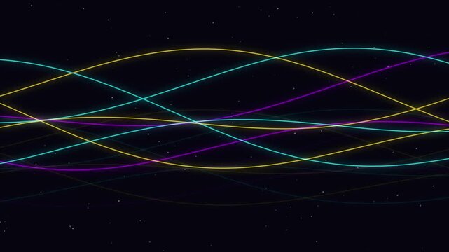 Animation featuring high-contrast glowing neon wave lines. The palette combines Cyan, Red, and Purple colors flowing smoothly across a blue environment. 