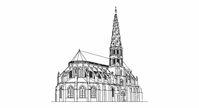 Ornate Gothic cathedral drawing with tall, twisted spire and flying buttresses