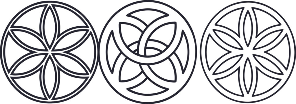 Three circular geometric symbols with flower petal on a white background