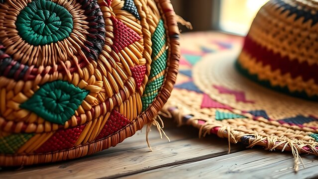 Close-up of handwoven raffia basket and hat with vibrant patterns.