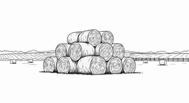 Farm landscape with stacked hay bales in the foreground