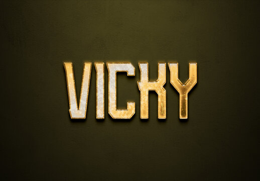 Old gold text effect of name Vicky with 3D glossy style Mockup.