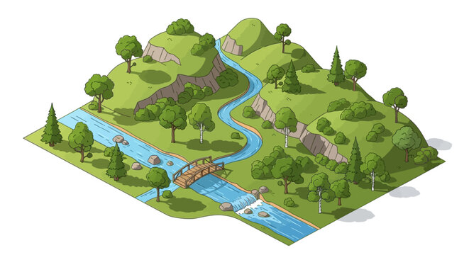 Isometric illustration of a landscape featuring a winding river flowing through green hills and vegetation, depicted in a cartoon style with an earthy color palette and a clean white