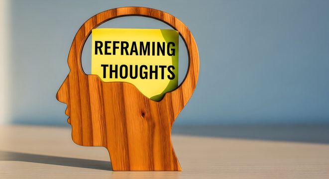 Wooden head silhouette with a yellow sticky note inside displaying the text reframing thoughts