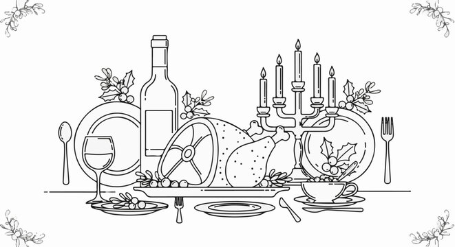 A festive meal arrangement with roasted meats, wine, and candlelight awaits