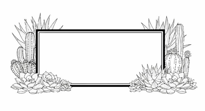 Rectangular frame bordered by assorted sketched cacti and succulents