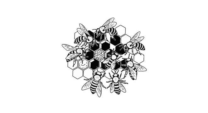 Diverse bees buzzing around a honeycomb structure, some working