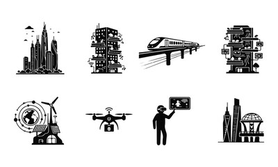 Obraz premium Collection of Modern Smart City, Future Technology, and Sustainable Urban Development Vector Icons
