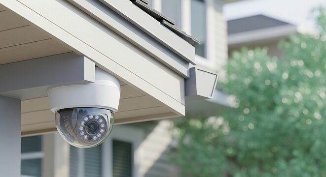 White dome security camera on house roof overhang