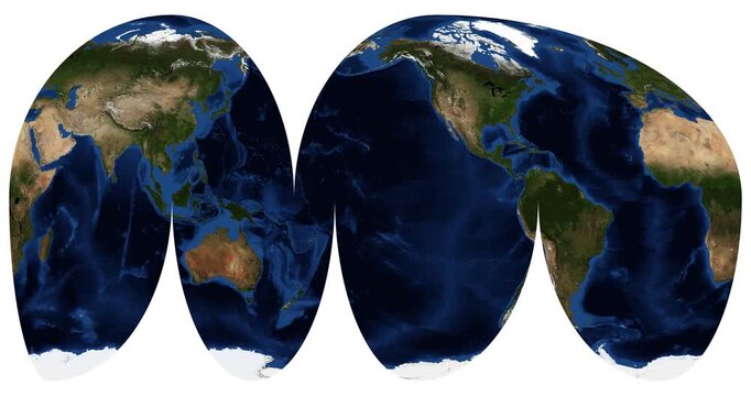 World Map in Goode Interrupted Mollweide Projection. Animated longitude shift and rotation. High detail physical Earth map. June View. Elements of this video furnished by NASA.