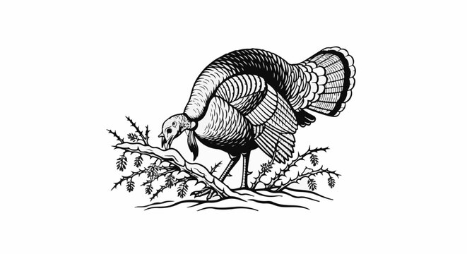 Detailed illustration of a turkey standing on a thorny branch