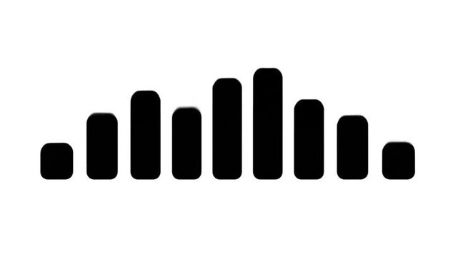 A black and white graphic representing a sound wave or equalizer bars, with varying heights and spacing.