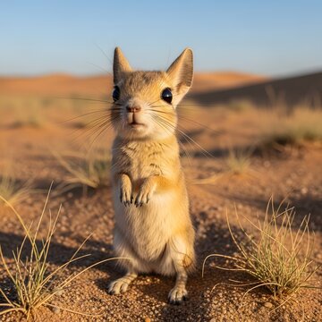 Adorable Lesser Jerboa Standing Upright in the Vast Sandy Desert Landscape During Golden Hour