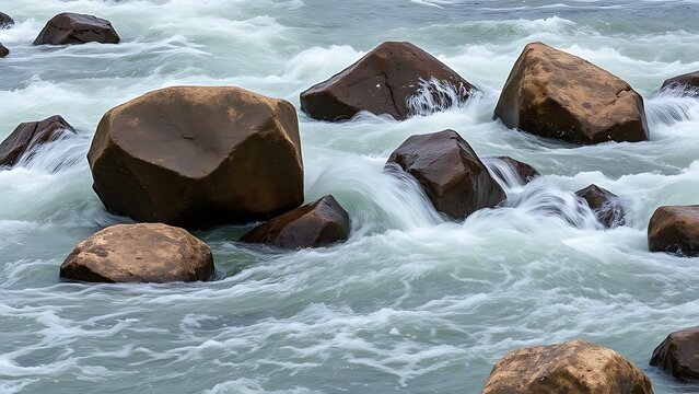 Large rocks in a turbulent river, water splashing around them, dynamic motion.