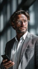 Fototapeta premium Business executive using smartphone for AI analytics in modern office, focused on data insights, clean vertical composition, soft daylight, premium professional lifestyle concept