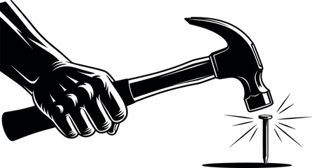 Hand holding hammer hitting nail with force symbolizing construction work craftsmanship strength and manual labor vector illustration © Danial