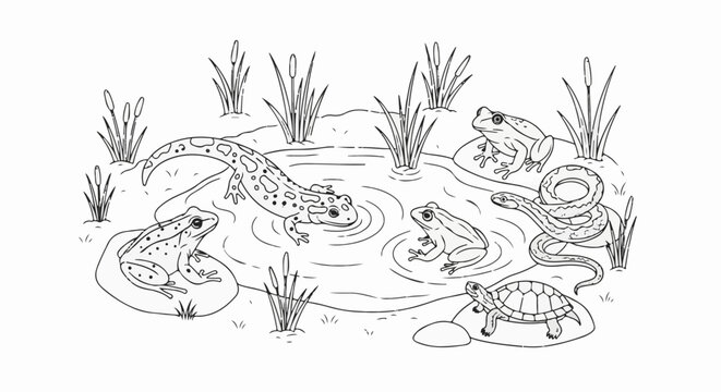 Pond scene with various amphibians and a reptile surrounded by cattails and lily pads