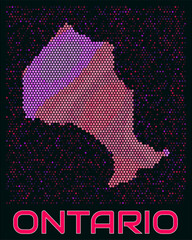 Naklejka premium Ontario digital style hexagon map. Vibrant magenta purple pink neon dotted shape. Province tiny bright hexagon cells. Ontario honeycomb map design. Modern Vector Illustration.