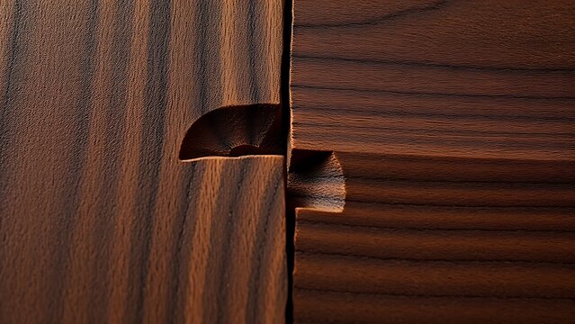 An extreme close-up of a precise dovetail joint connecting two pieces of dark walnut wood.