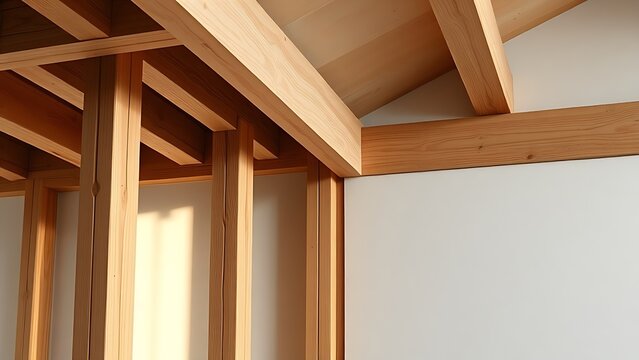 Architectural detail of exposed wooden joists against a plasterboard wall.