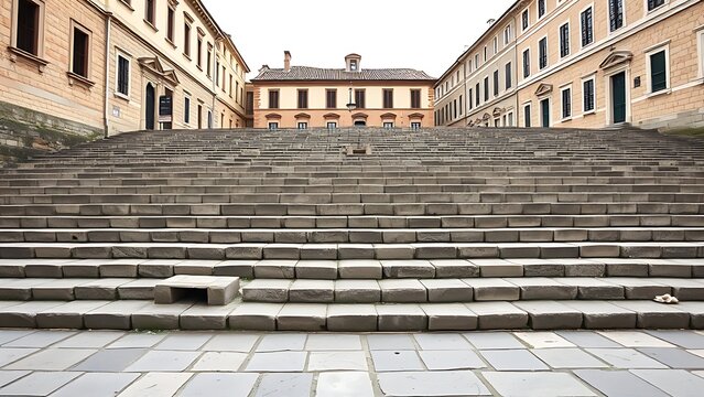 Empty ancient market square with stone steps showing indentations where a pillory once stood.