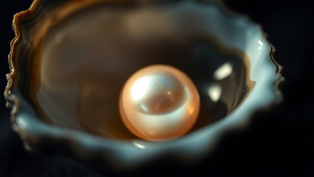 A luminous pearl nestled inside a dark oyster shell, soft iridescent glow.