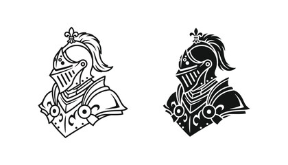 Medieval knight helmet vector graphic set showcasing detailed outline and solid black silhouette for historical fantasy or gaming branding © Pixel