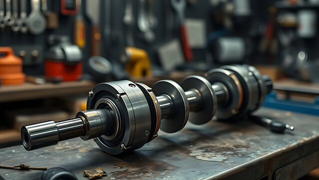 A camshaft resting on a workshop bench with tools in the background.