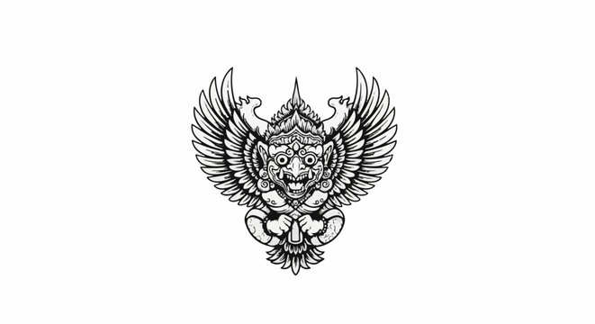 Intricate mythical creature with large feathered wings and a fierce face