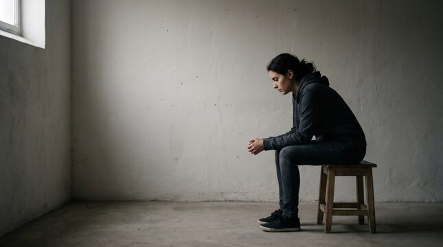 Woman sitting alone in a room looking contemplative