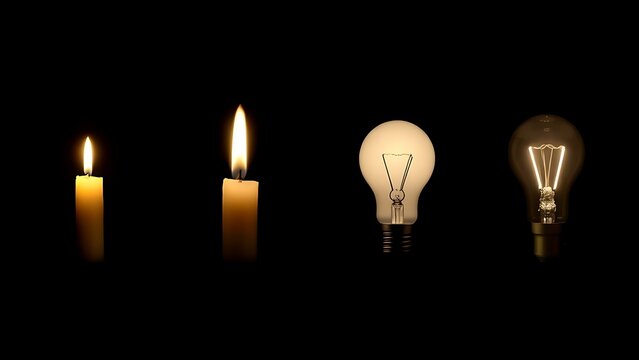 Evolution of light sources from candle flame to modern illumination in chronological sequence.
