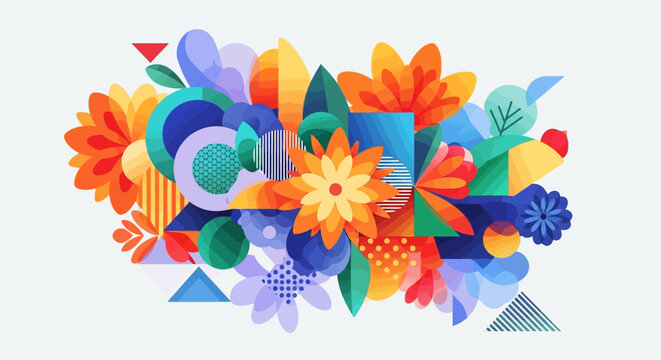 Abstract Floral Composition with Geometric Shapes and Vibrant Colors