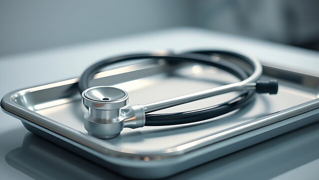 A single medical endoscope coiled on a sterile tray, its metallic surface reflecting soft ambient light.
