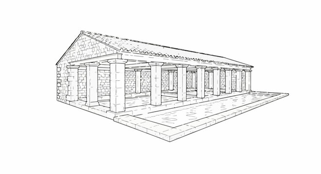 Ancient stone building with a covered walkway and tiled roof
