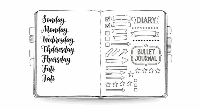 Open sketchbook with handwritten days of the week and bullet journal elements