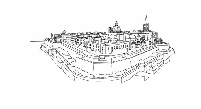 Black and white sketch of a fortified city with domes and spires on a hill