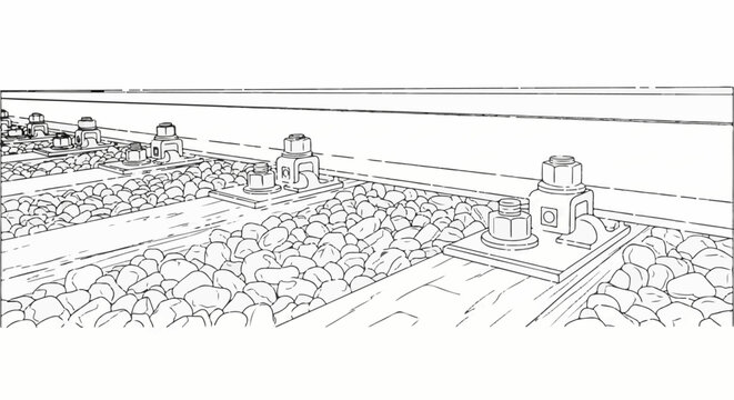 Close-up of fasteners and ballast supporting railway tracks in a sketch